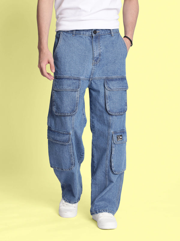 Men Mid Blue Baggy Fit with Multi Cargo Pockets Denim Jeans