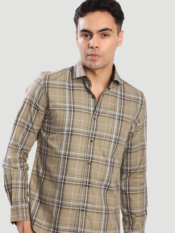 Mens Beige Slim fit checked formal shirt