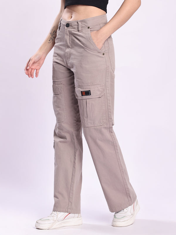 Women Grey Straight Fit High-Rise Cotton Cargos Trousers