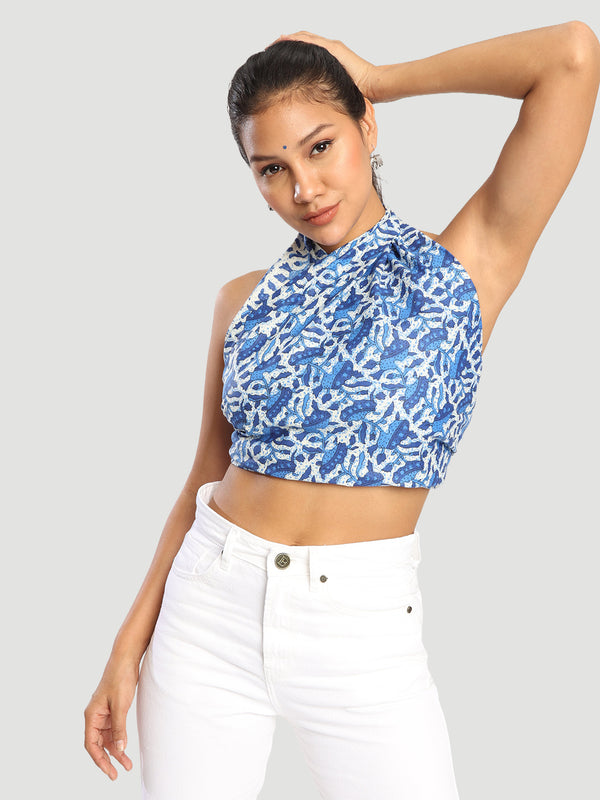 Women blue printed Handkerchief style Mutipurpose Top