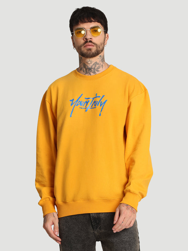 Men Crew Neck Drop Shoulder Graphic printed Mustard Sweatshirt