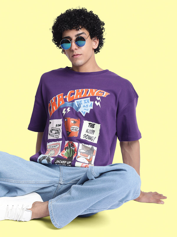 Men Puple Graphic Print Oversize T Shirt