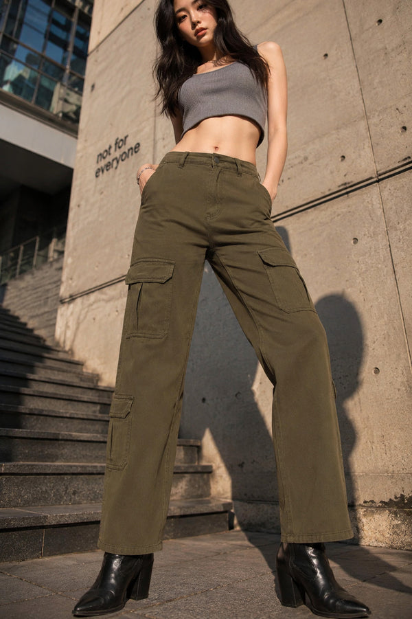 Women Mid-Rise Straight Fit Long Cargo Pocket Casual Trouser
