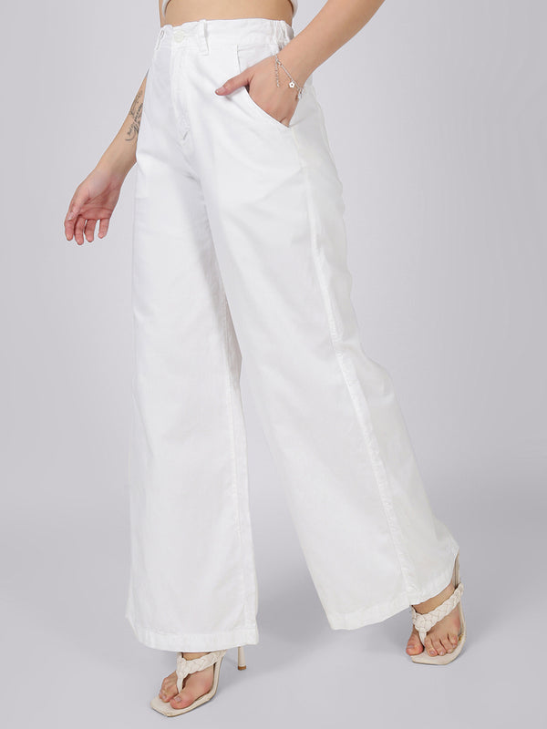 Women Wide Leg White Casual Trousers