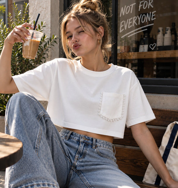 Women White Cropped Lace Pocket Oversized T-Shirt