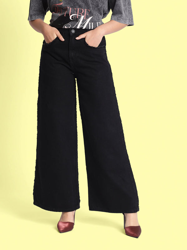 Women Solid Black Wide-Leg Denim Jeans