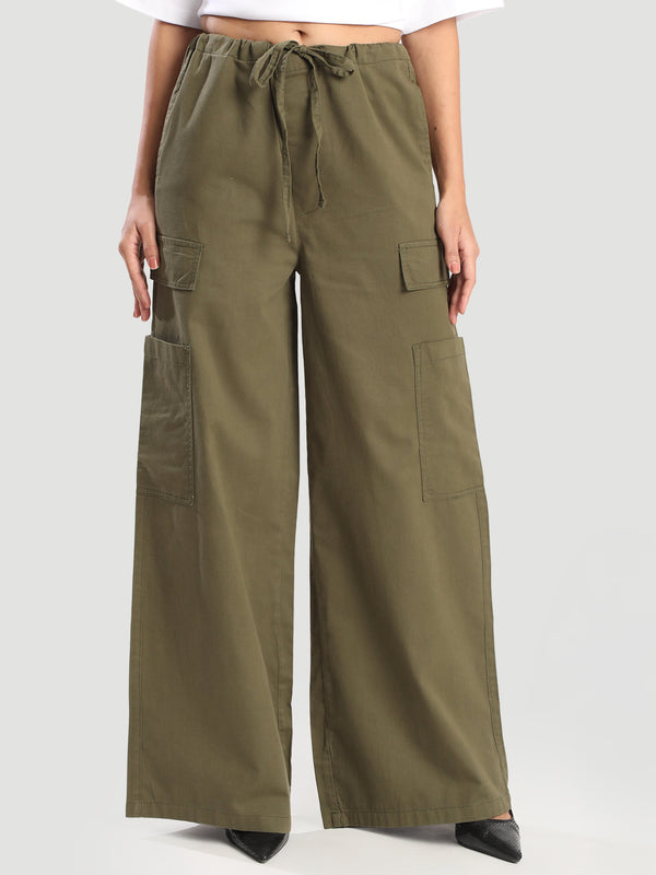 Women Wide Leg Cargo Trouser With Drawstring