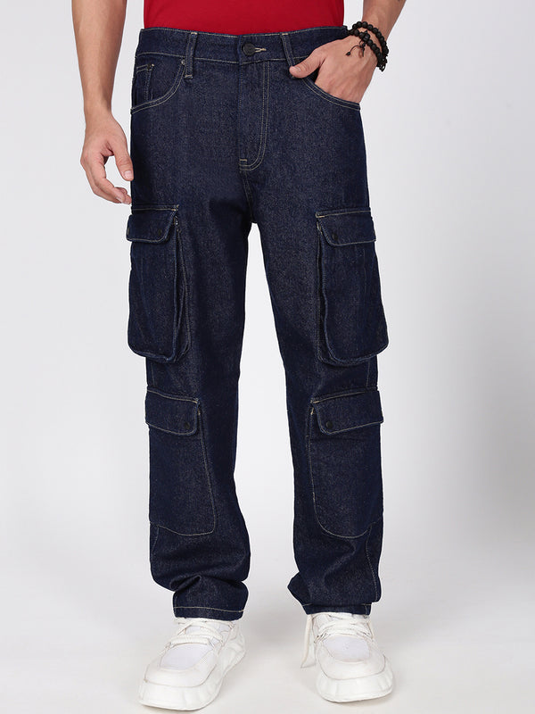 Men Navy Multi-Cargo Pocket Relax Fit Jeans