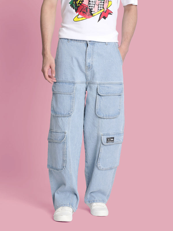 Men Light Blue Baggy with Utility Cargo Pockets Denim Jeans