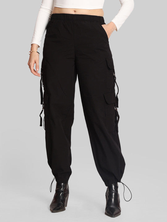 Women Black Solid Parachute Fit Cargo Trousers