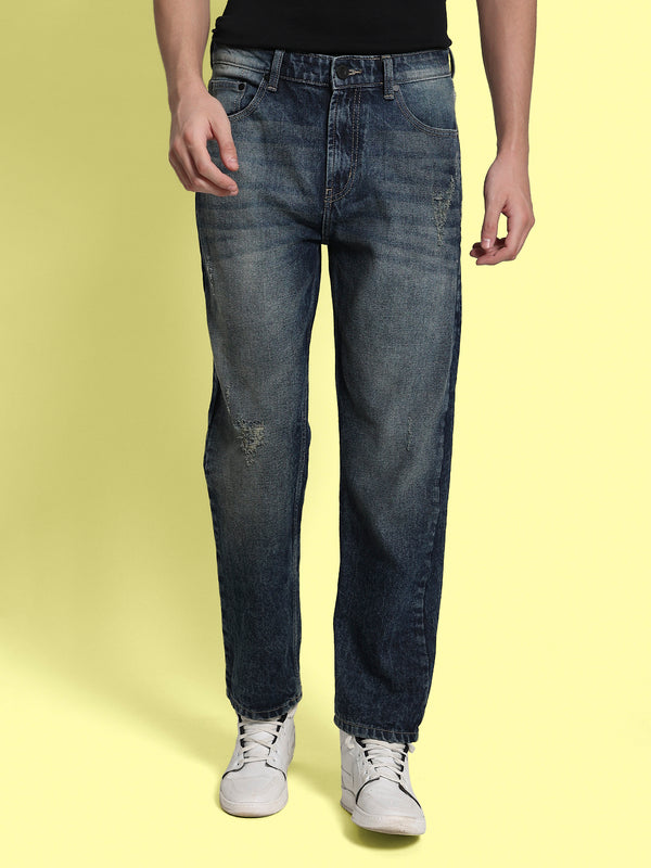 Men Blue Relaxed Heavy Washed Mild-Distress Jeans