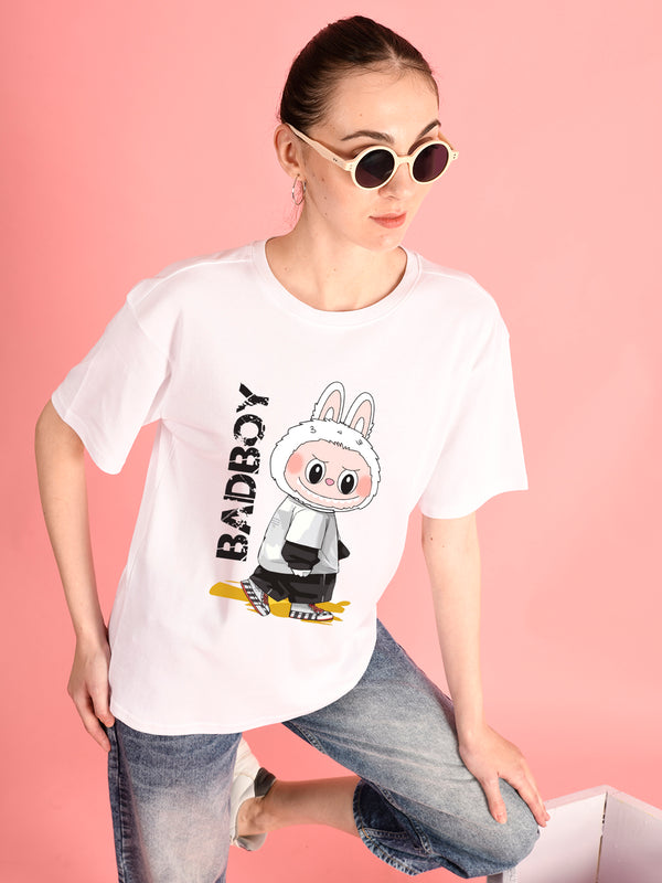 Women White Graphic Oversized T Shirt