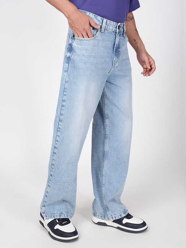 Men Blue Light Fade Wide Leg Jeans