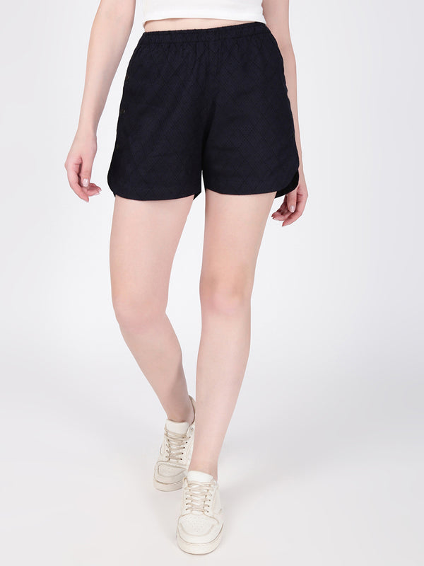 Women Navy Textured Shorts with Side-snap Detailing