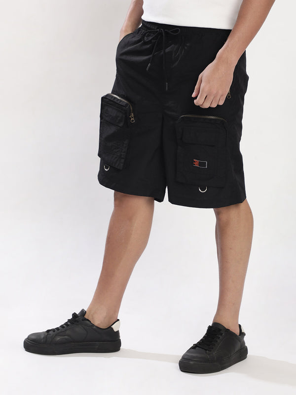 Men Black Crushed Nylon Baggy Fit Cargo Shorts