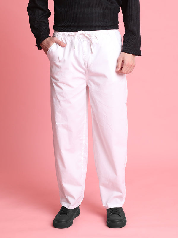 Men White Baggy Pull On Trousers