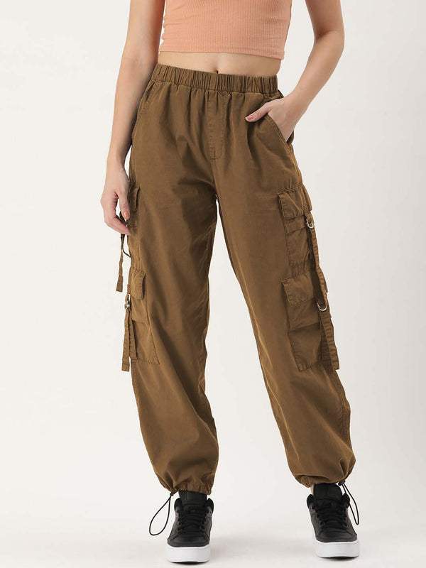 Women Coffee Liqueur Parachute Fit Solid Cargo Trousers