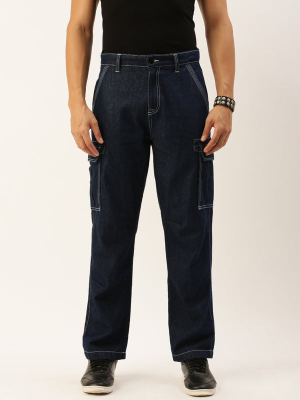 Men Navy Blue Relaxed Fit Denim Cargo Jeans