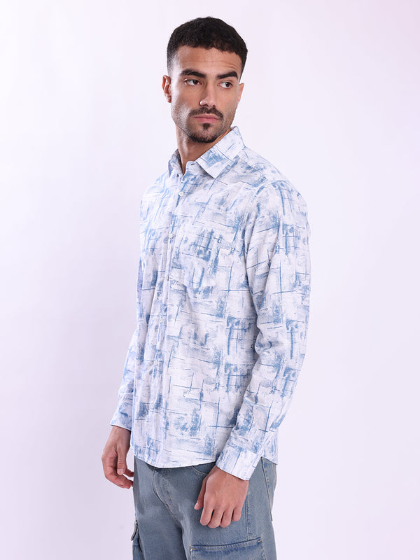 Men Blue and White Abstract Print Single Pocket Shirt