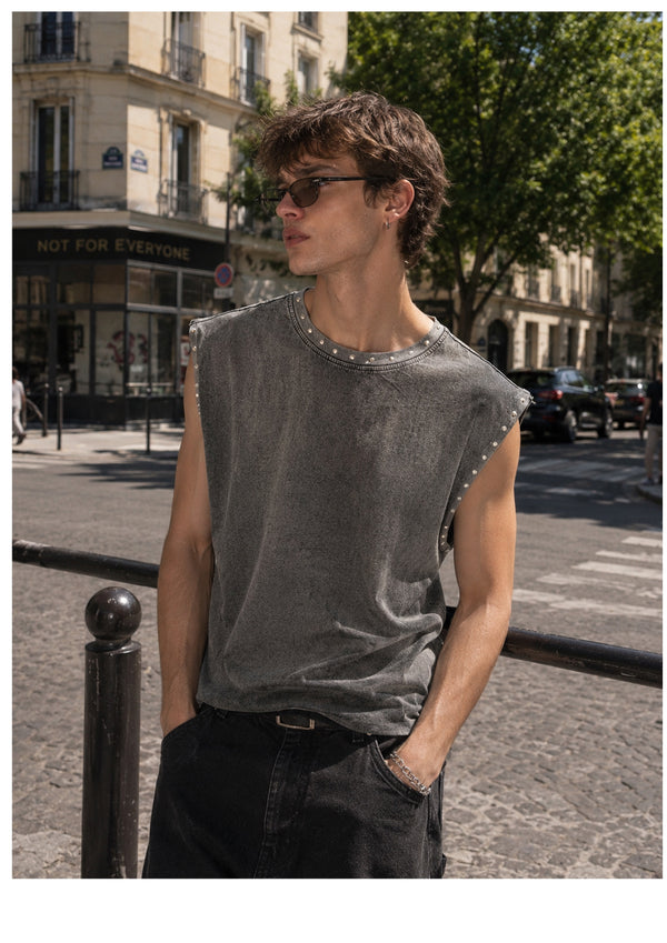 Men Grey Oversized Acid Wash Embellished Sleeveless T-Shirt