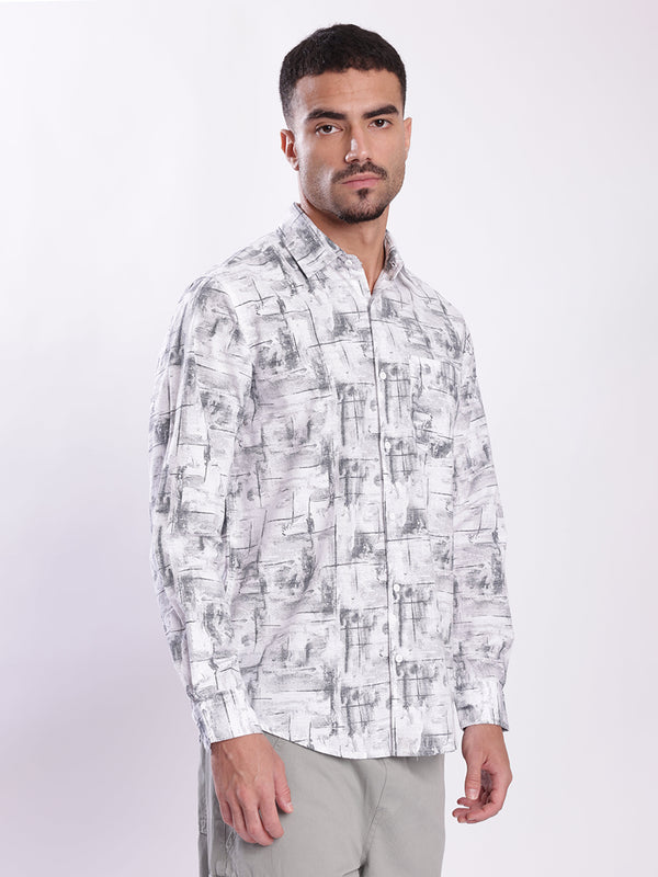 Men Black and White Abstract Print Single Pocket Shirt