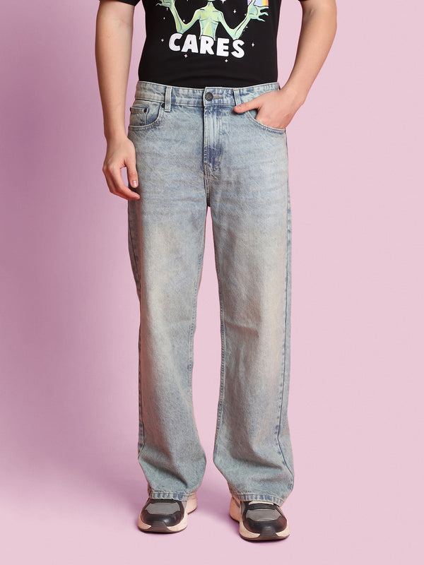 Men Wide Leg Heavy Washed Jeans