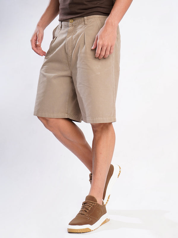 Men Brown Baggy Fit Pleated Chino Shorts