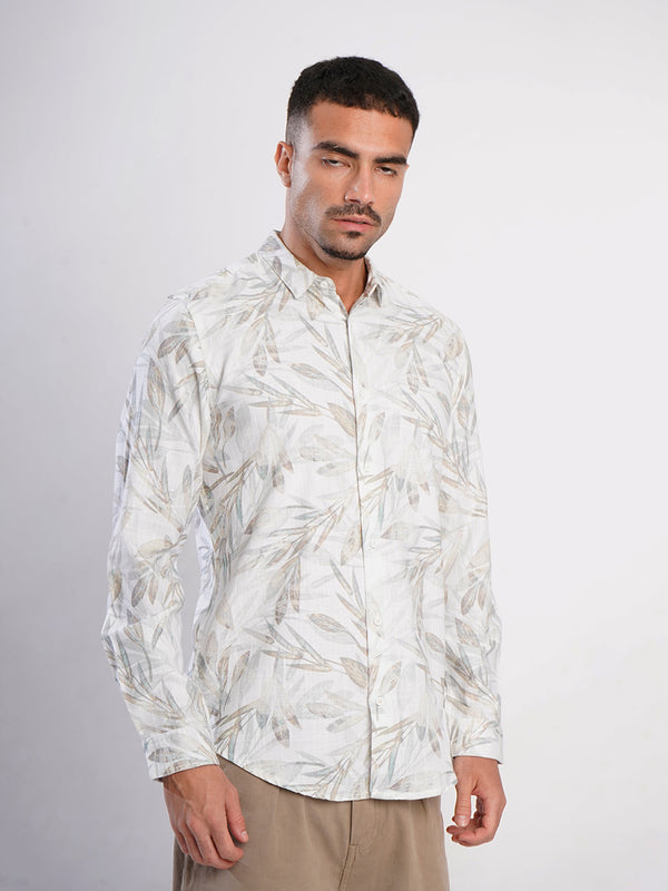Men Off White and Green Floral Printed Slub TextureShirt