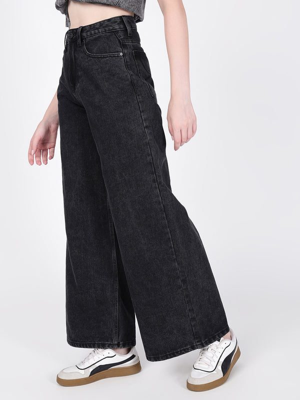 Women Black Washed Wide Leg Jeans