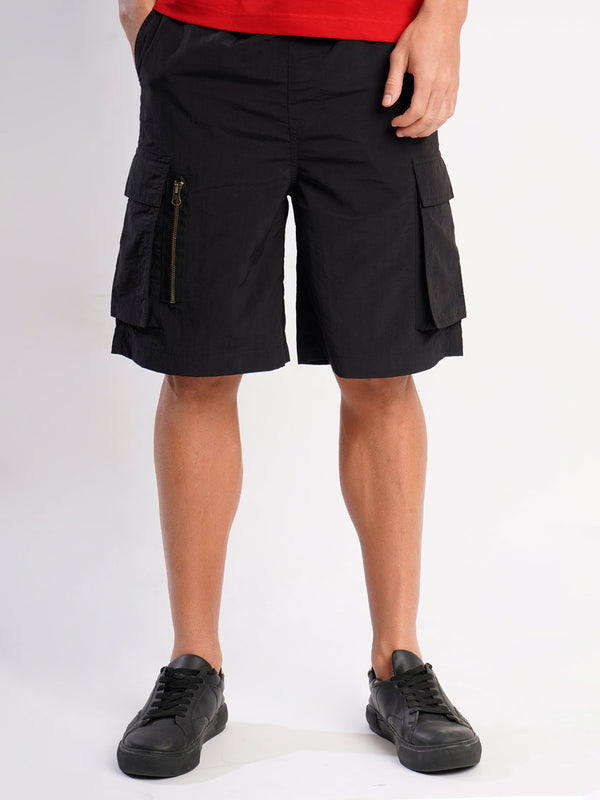 Men Grey Crushed Nylon Baggy Fit Cargo Shorts