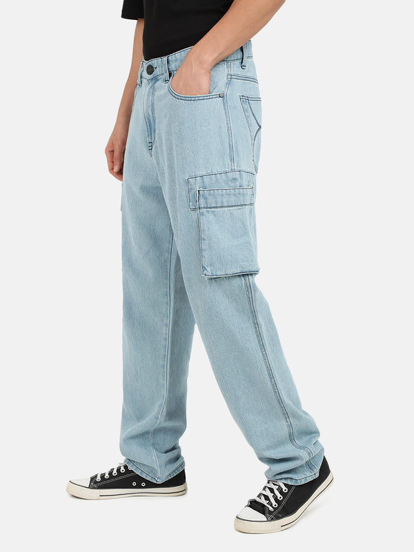 Men Blue Solid Straight Fit Cargo Denim Jeans