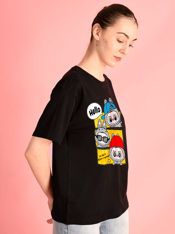 Women Black Graphic Oversized T Shirt