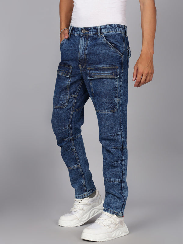 Men Blue Comfy Tapered Fit Cargo Jeans