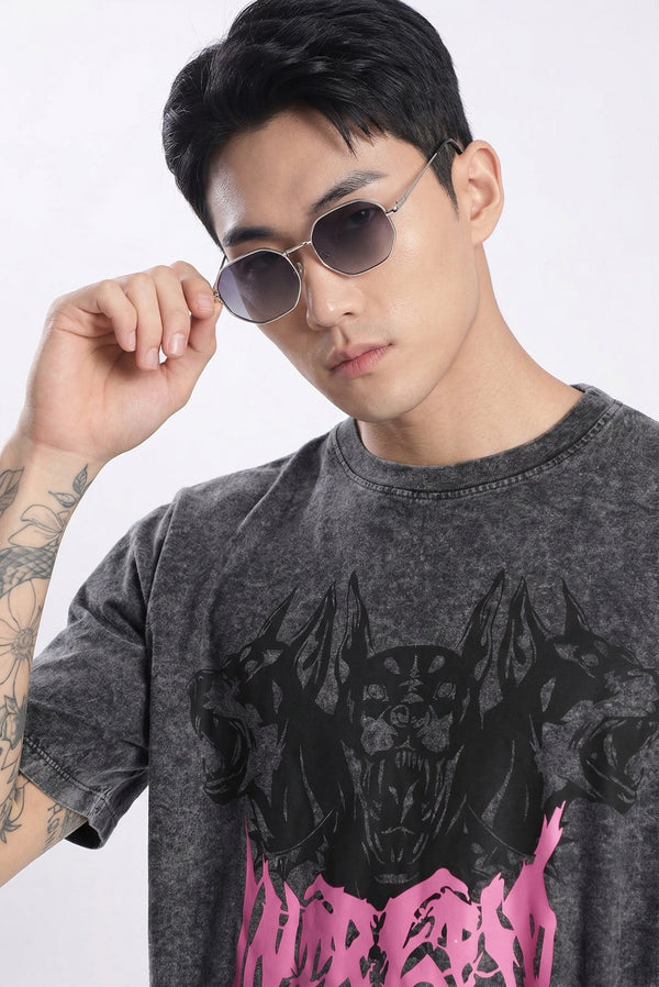 Men Charcoal Graphic Printed Acid Wash Cotton Oversized T-shirt