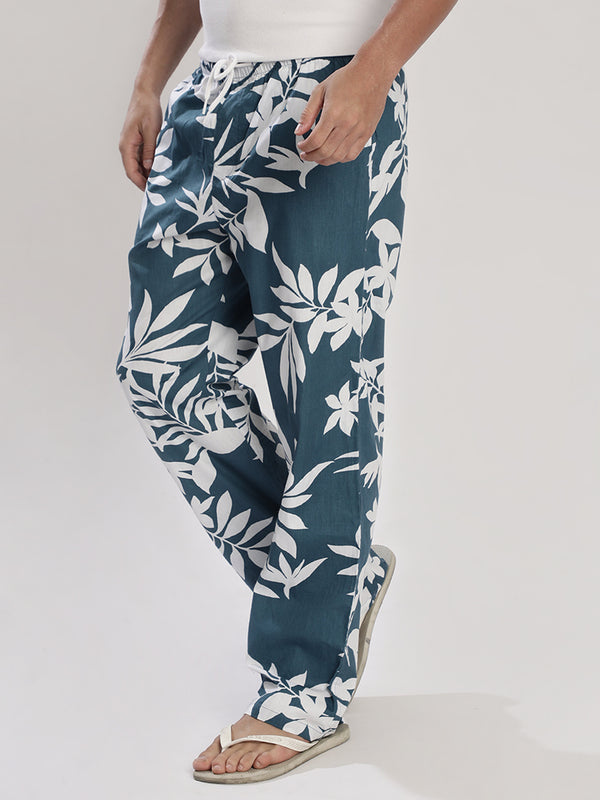 Men Blue and White Floral Print Relax Lounge Pants