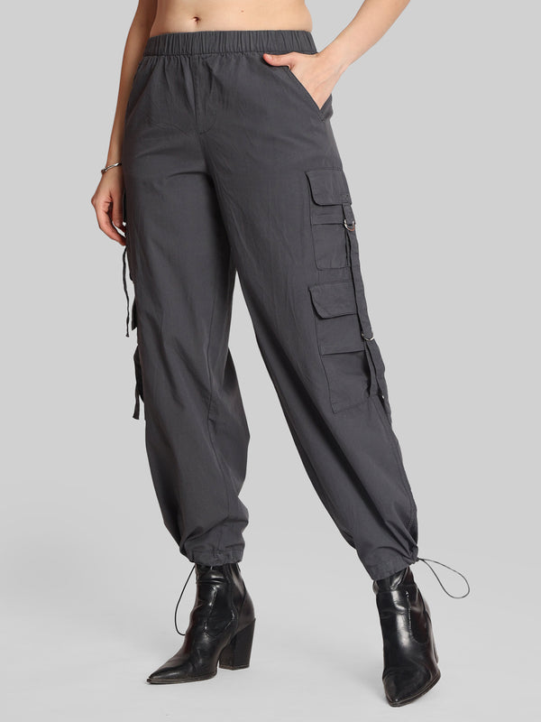 Women Dark Grey Parachute Fit Solid Cargo Trousers