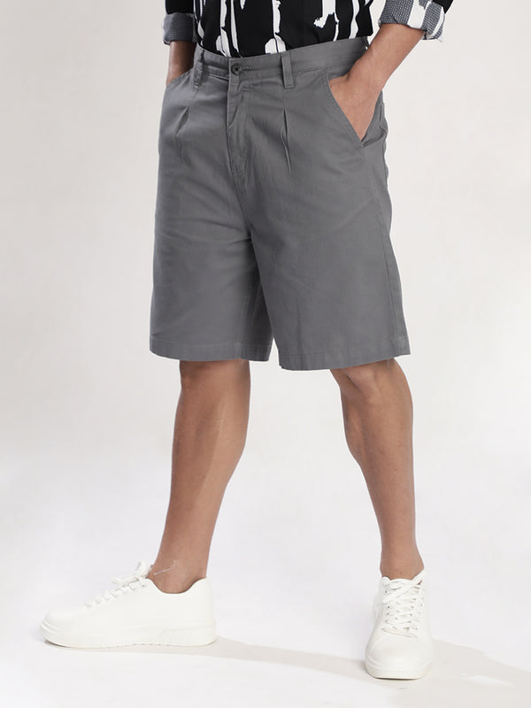 Men Grey Relax Fit Pleated Chino Shorts