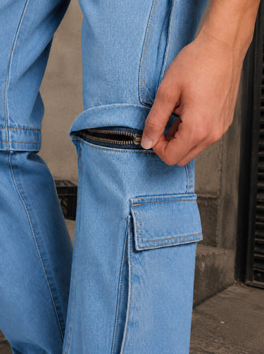 Men Blue Straight Convertible Cargo Denim Trouser