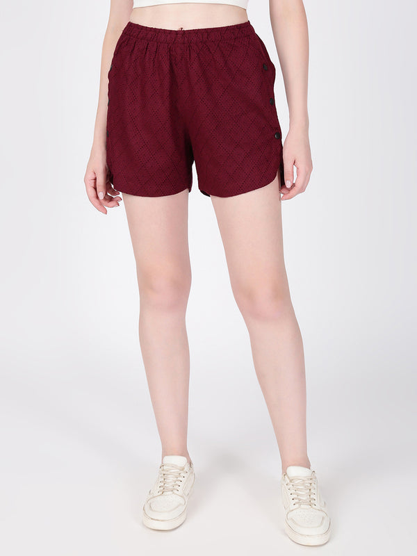 Women Maroon Textured Shorts with Side-snap Detailing