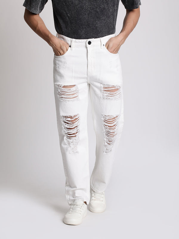 Men White Heavy Distress Relaxed Jeans