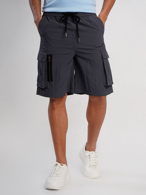 Men Black Crushed Nylon Baggy Fit Cargo Shorts