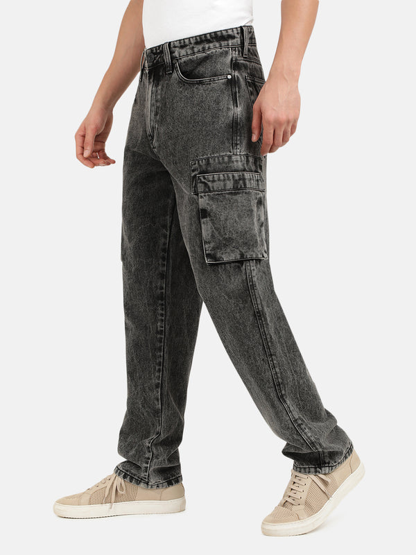 Men Grey Straight Washed Cargo Jeans