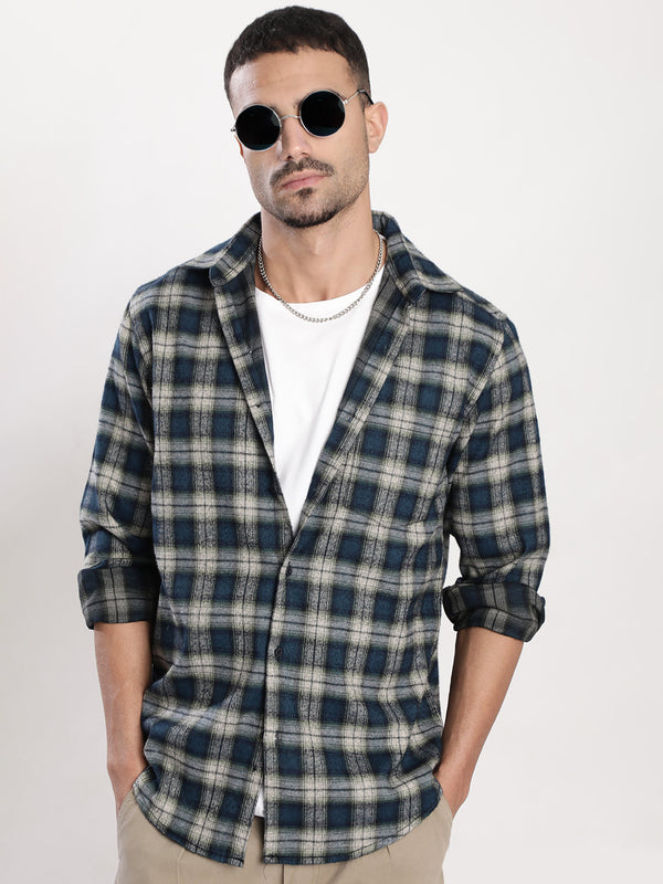 Men Teal and White Checked Shirt