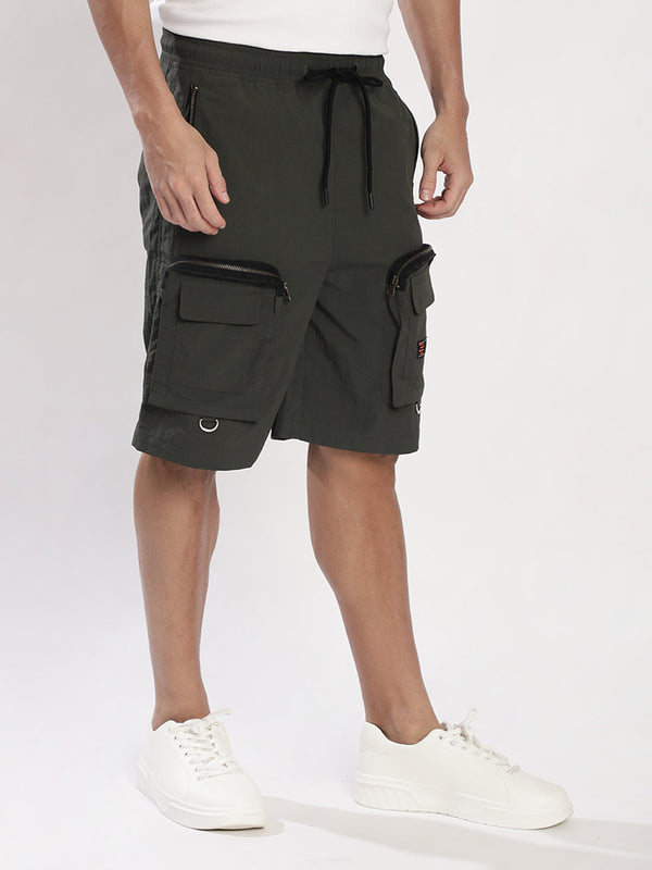 Men Olive Crushed Nylon Baggy Fit Cargo Shorts