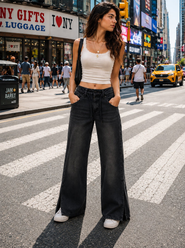 Women Black Relaxed Fit Jeans with Drawstring & Slit Detail