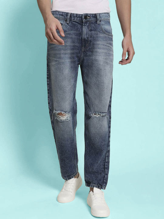 Men Blue Relaxed Knee-Distressed Jeans