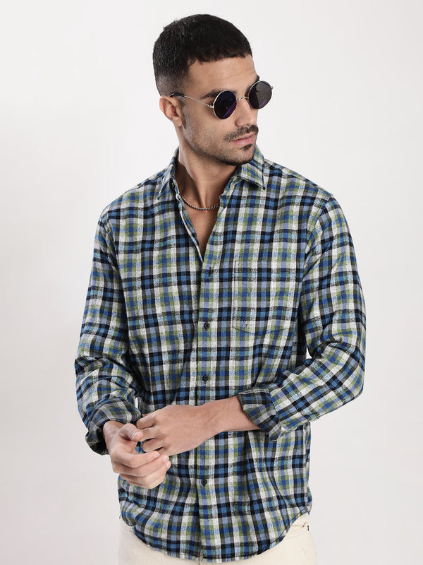 Men Blue and Green Checked Shirt