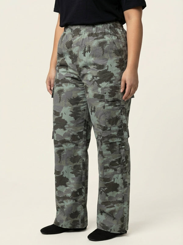 Women Blue Grey Solid Plus Size Parachute Fit Cargo Trouser