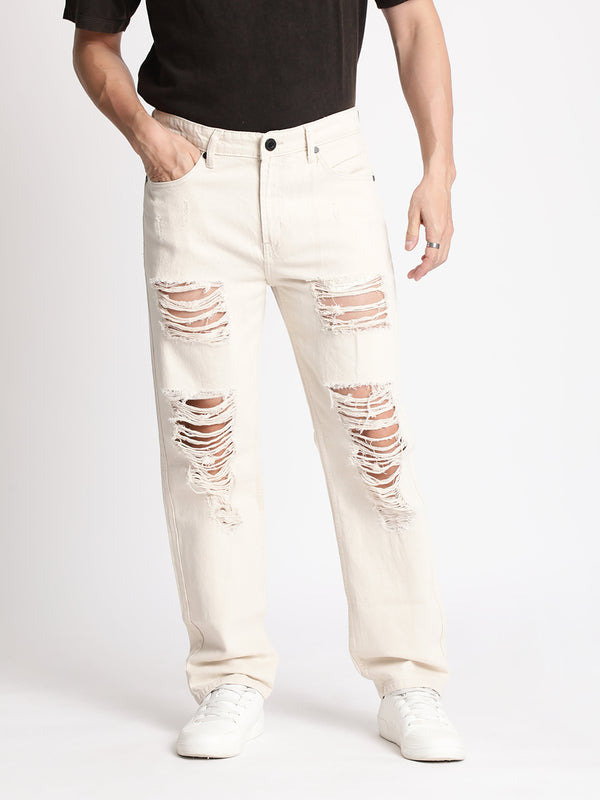 Men Ecru Heavy Distress Relaxed Jeans