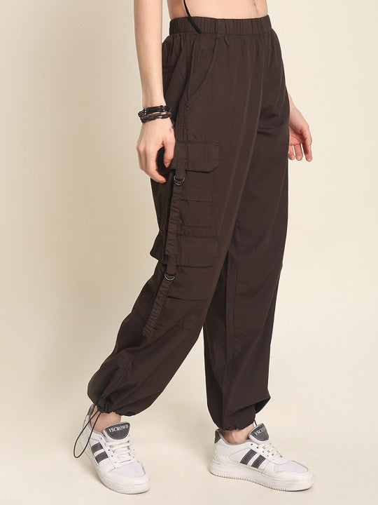 Women Solid Dark Brown Parachute Fit Cargo Trousers
